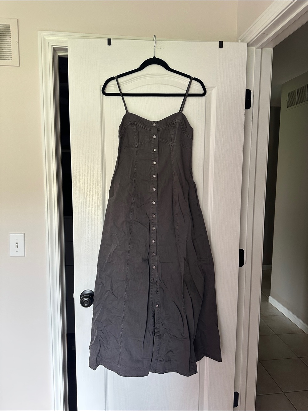 Free People Button-Front Spaghetti Strap Midi Dress — Charcoal